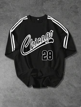 Shwiy Camiseta negra con cinta gráfica Chicago No.28 para hombres, ropa deportiva casual para la escuela y el uso diario