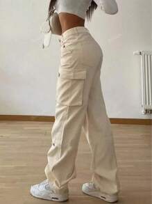Elegant Stylish Vintage Y2K Casual Cute Cargo Pants - High-Waisted, Solid Color Elastic Waist Wide-Leg, Pocketed, Comfortable, Airport, Back To School, Teacher, Clubs, Birthday Parties, Halloween, Concerts, Gym, Business, Street Wear, Spring, Summer, Autumn And Winter Styles