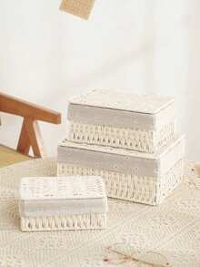 1 pieza/3 piezas Cesta de almacenamiento tejida, Cesta de almacenamiento con tapa para escritorio, Cesta de almacenamiento tejida hecha a mano, Caja de almacenamiento de aperitivos para escritorio, Caja de almacenamiento de juguetes para sala de estar, Cesta de almacenamiento de llaves y varios, Cesta de almacenamiento de cosméticos, Artículos de organización y almacenamiento para el hogar en cocina, baño, dormitorio, sala de estar, dormitorio, escritorio de oficina, accesorios de decoración del hogar - Blanco - Ver 6