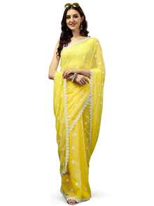 Estationeryhouse Women's Georgette Embroidery Border Work Designer Saree With Blouse Piece - Yellow - View 2