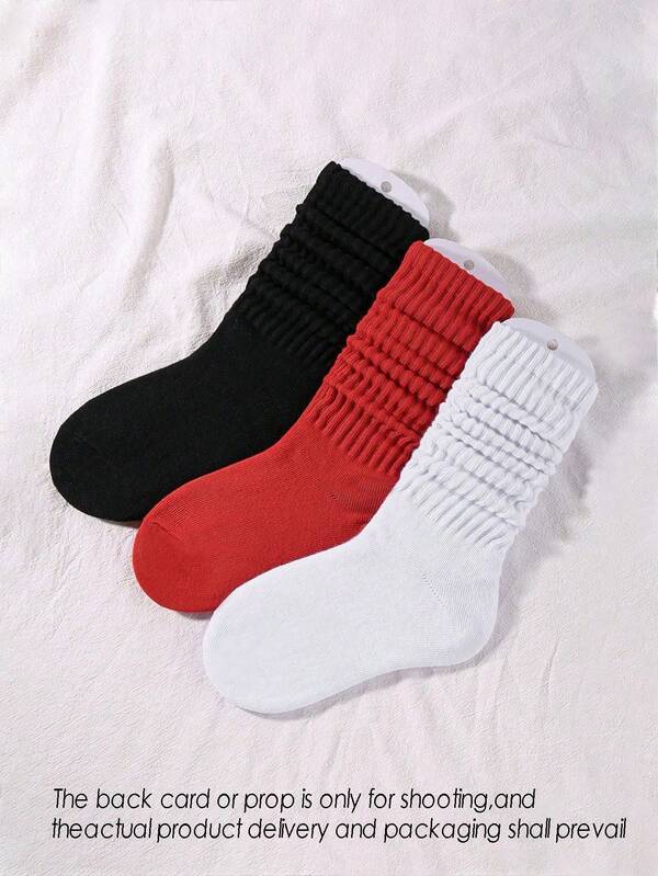 3 Pairs Kids' Christmas Solid Color Knitted High Knee Socks For Autumn And Winter, Warm Leggings For Everyday Leisure