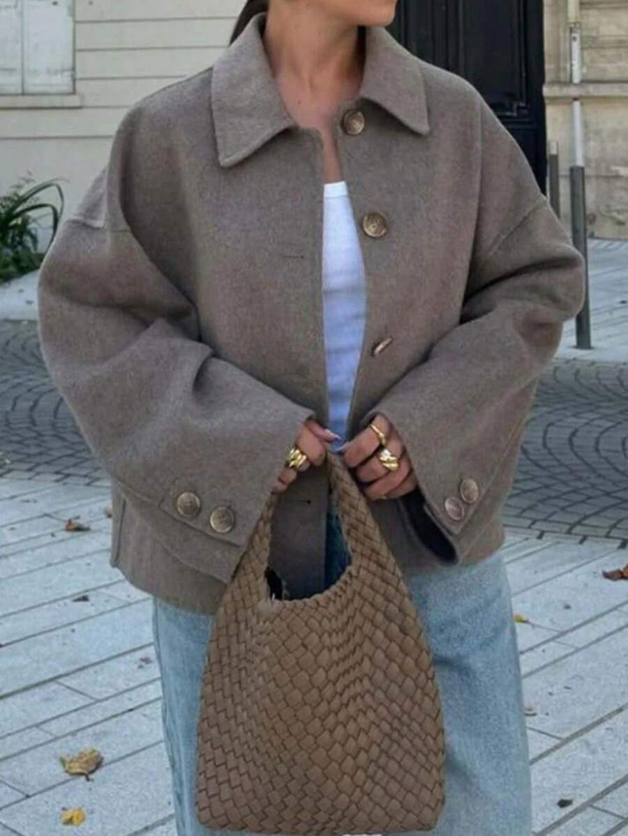 1 Peça Jaqueta Feminina Vintage Solta e Casual com Gola Virada, Manga Longa e Abotoamento Simples em Mistura de Lã, Outono/Inverno