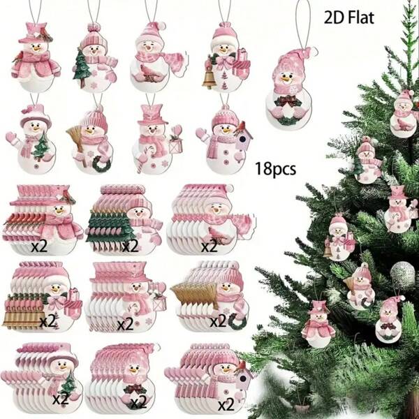 18pcs Pink Christmas Decoration Set: 2D Snowman Hanging Decor, Holiday Tree Ornaments For Room And Porch - Perfect Gift Box For Family And Friends, 2D Flat