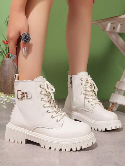 Women's Boots, New Autumn/Winter Platform Lace-Up Ankle Boots, Versatile Chunky Heel Motorcycle Boots