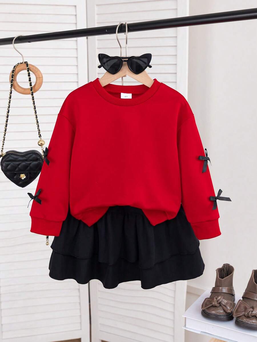 Young Girl's Sweet Casual Red Crew Neck Sweatshirt With 3D Bow Sleeve And Pleated Skirt 2 Pieces Set, Suitable For Daily, Outdoor, School, Vacation, Commute In Spring And Autumn