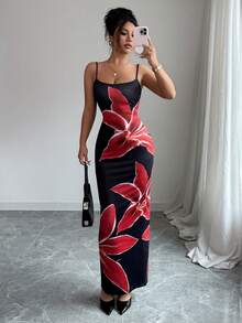 Đầm Floreya quyến rũ, thoải mái, cơ bản, họa tiết hoa, dây mảnh, ôm sát, xẻ cao. - Nhiều màu - Xem 5