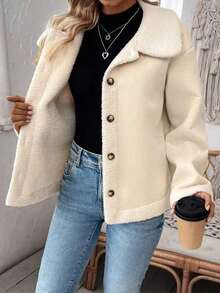 长袖口袋羊毛夹克，拼布绒毛衬里，正面纽扣，休闲大码翻领外套，适合秋冬季