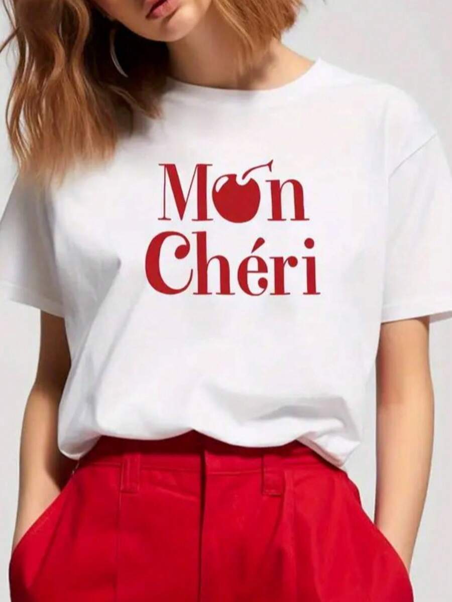 Playera blanca estampada mujer casual juvenil comoda basica cuello redondo manga corta material suave y fresco - Blanco - Ver 1