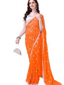 Estationeryhouse Women's Georgette Embroidery Border Work Designer Saree With Blouse Piece - Orange - View 2