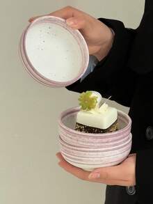 1pc Vintage Thick Pottery Dessert Plate, Creative Ceramic Round Plate For Afternoon Tea, Cake, Steak, Pasta, Breakfast, Western Dish, Tableware Set - Multicolor - View 7