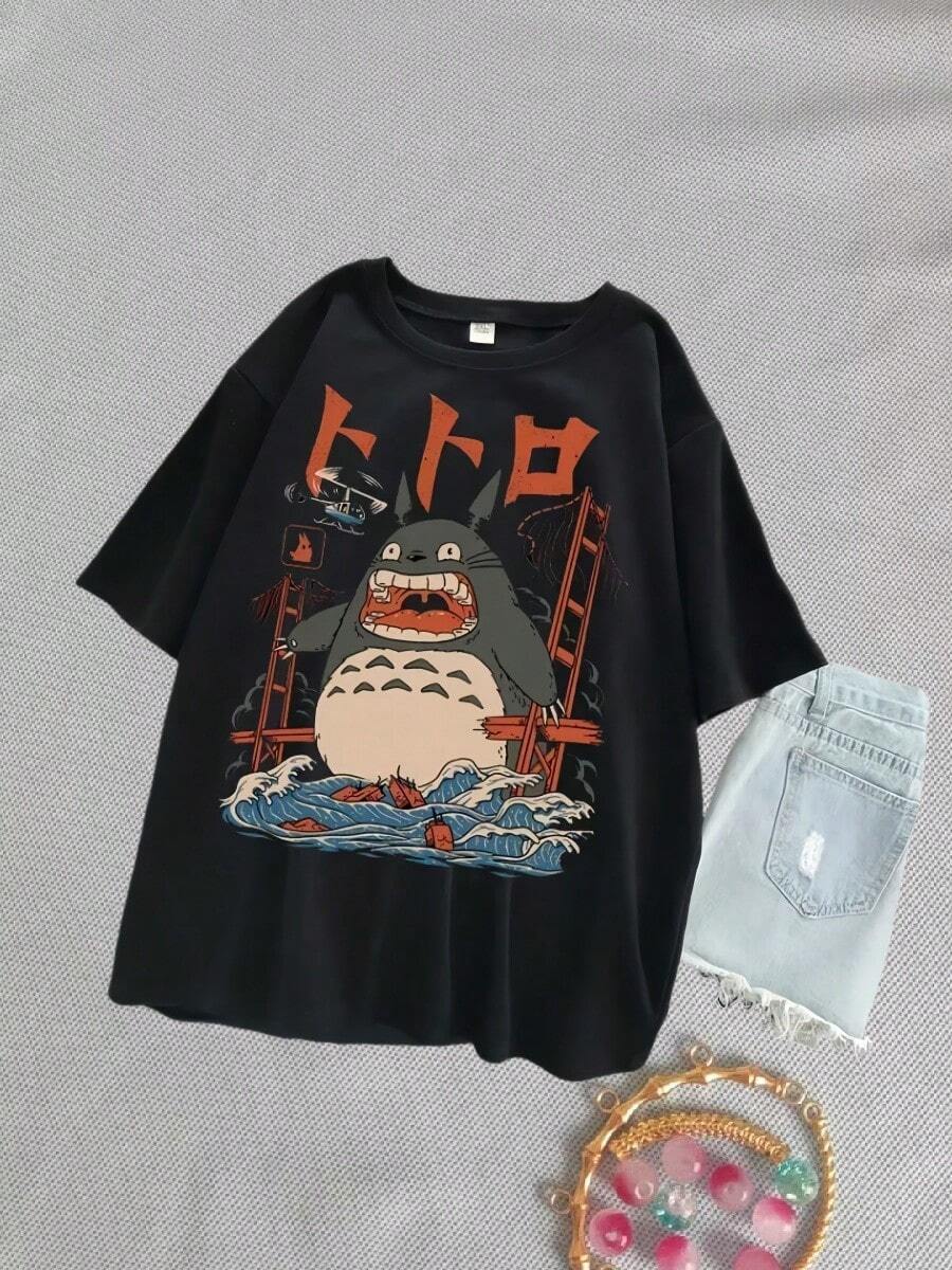 2025 Fashion-Hayao Miyazaki Anime Series Totoros Printed Men's And Women's Casual Loose Round Neck Short Sleeves Harajuku Anime Tshirt Black - 黑色 - 查看 1