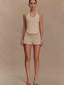 Conjuntos de dos piezas de mezclilla para mujer, color liso, sin mangas, cuello halter, camisetas sin mangas y pantalones cortos. - Blanco - Ver 5
