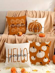 4 piezas/1 pieza Funda de almohada de decoración de otoño - Con diseño de calabaza y "Hola otoño", 18x18 pulgadas, material de poliéster suave con cierre de cremallera, perfecto para salas de estar, habitaciones, sofás y dormitorios (excluido el relleno), perfecto para decoraciones de otoño para el hogar, decoración de habitaciones, decoración del hogar