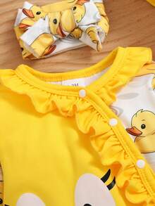 3件套女婴秋冬粉色碎花圆领长袖连衣裤（带帽子和围巾） - 黃色 - 查看 4