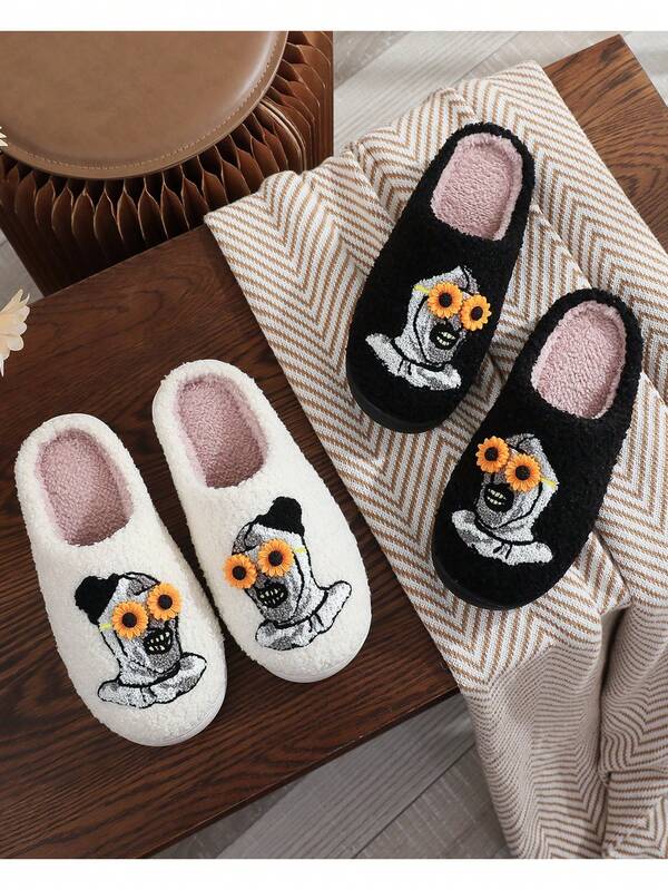 Pantufas térmicas bordadas com palhaço assustador para Halloween e Natal, para homens e mulheres, pantufas confortáveis de pelúcia, adequadas para outono/inverno
