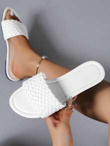 Dép nhựa đế bằng dệt đa năng màu đen thường ngày hở mũi mùa hè 2025 cho nữ - trắng - Xem 1