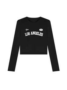 女士休闲宽松卡通字母印花圆领短袖T恤，时尚百搭，春秋季 - 黑色 - 查看 5