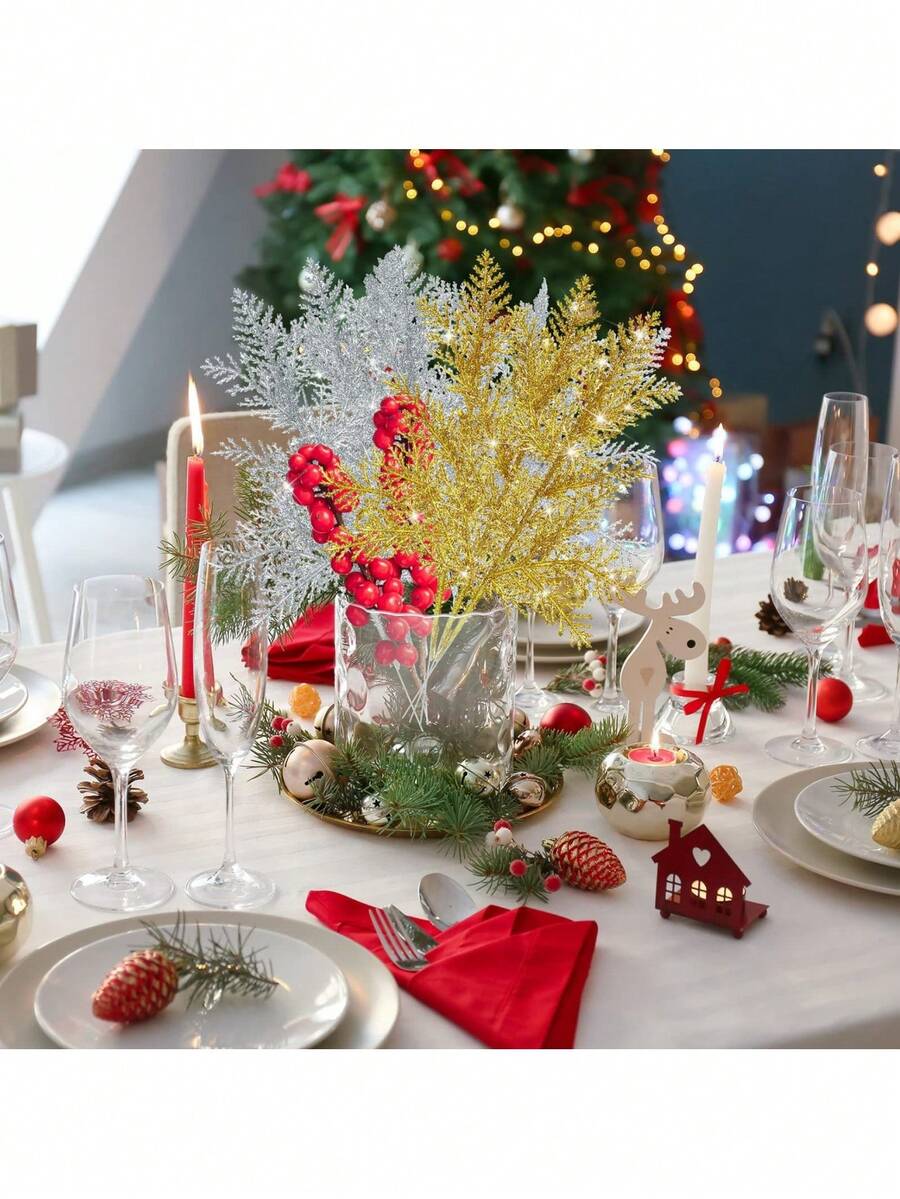 10 Stücke künstliche Glitzer Kiefernnadel Blumenanordnung, Weihnachtsbaum Dekoration, geeignet für Weihnachtsferien Dekoration
