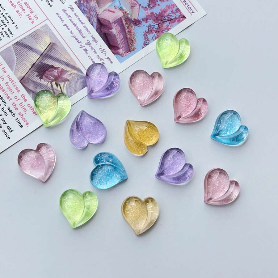 10 pièces Autocollants plats transparents en forme de cœur assortis, pour la fabrication de bijoux, les accessoires pour cheveux, la décoration artisanale (Bijouterie pour adultes de 14 ans et plus) - Multicolore - Voir 1