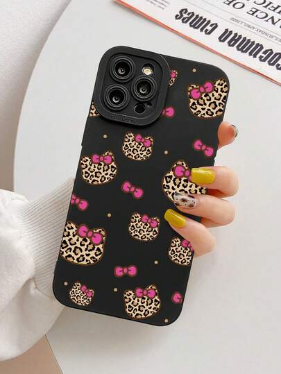 Sanrio 1 pezzo Custodia protettiva per telefono personalizzata con stampa leopardata e fiocco rosa Hello Kitty, adatta come regalo per fidanzata, migliore amica, moglie, amante, zia, capo, sorella, coppia, compagni di classe, insegnante, compleanno, vacanze - Custodia morbida opaca nera a copertura totale, anti-polvere e impermeabile, compatibile con 13/16/15/14/13/12/11/Pro/ProMax/X/XR/XS/XSMAX/7/8/PLUS e modelli