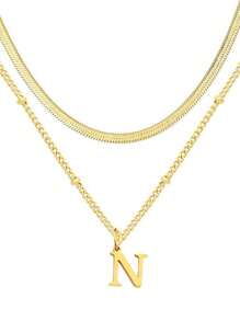 1 件迷你心形吊坠和不锈钢字母项链 - 双层可调节链条项链，26 个字母双层可调节链条珠宝，极简主义奢华，时尚百搭高端优雅简约风格，适合日常休闲、派对、通勤、度假，是送给女性的绝佳礼物