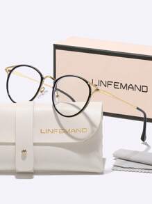 LINFEMAND 经典金属框架复古圆形装饰无度数眼镜，女士日常办公装免妆高冷眼镜，职场配饰，节日礼物