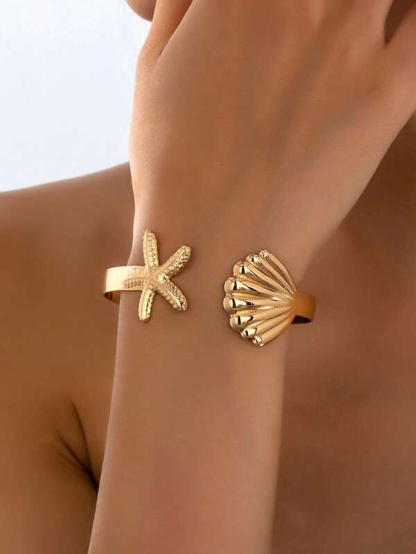 1pc Ocean Themed Stainless Steel Starfish & Shell Bangle Bracelet, Suitable For Everyday Wear, European & American Cross-Border Style