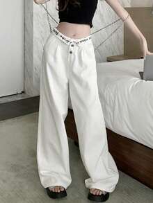 女式白色阔腿牛仔裤，宽松修身，休闲直筒及踝长裤，春季
