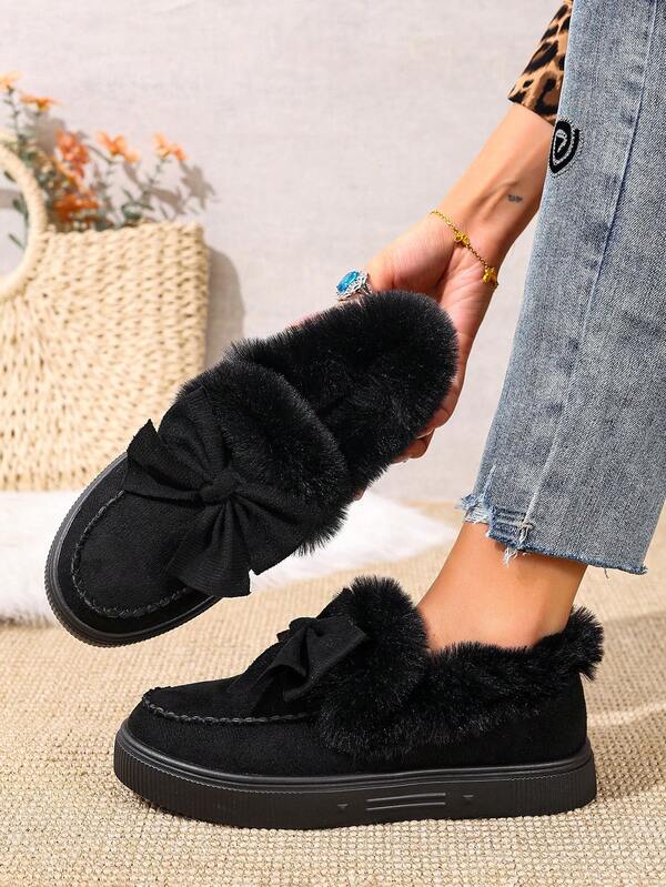 [Cross-Border Bestseller] Bow-Knot Fleece Snow Boots, Faux Rabbit Fur Lining, -On, Thick Sole, Warm Women's Shoes, Fashion & Versatile European Style, Autumn/Winter
