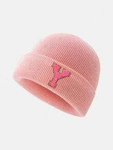 1pc Kids Letter Print Knit Beanie Hat, Warm Winter Headwear For Baby Girls Daily Use - Pink - View 83