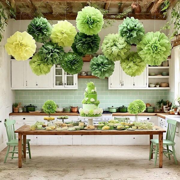 13pcs Green Paper Pom Pom Flower Decor Set, Foldable Paper Flowers For Wedding, Birthday Party, Baby Shower, Graduation Ceremony, Tropical Theme Decoration, DIY Photo Props