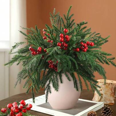 26/20/10 Pcs Christmas Norfolk Pine Branches With Red Berry Stems, Artificial Greenery Norfolk Pine Stems Sprigs, Fake Foliage Pine Needles Picks For DIY Craft Garland Home Decoration