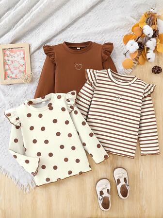 3 件年轻女孩休闲条纹、波尔卡圆点、心形印花长袖圆领基本百搭 T 恤，适合日常休闲、学校、户外穿着、春秋季