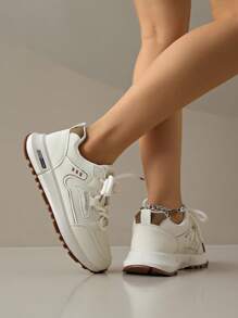 Novos Sapatos Casuais Femininos, Cabedal de Couro Bege, Design de Cadarço, Sola Plana, Adequado para Todas as Estações