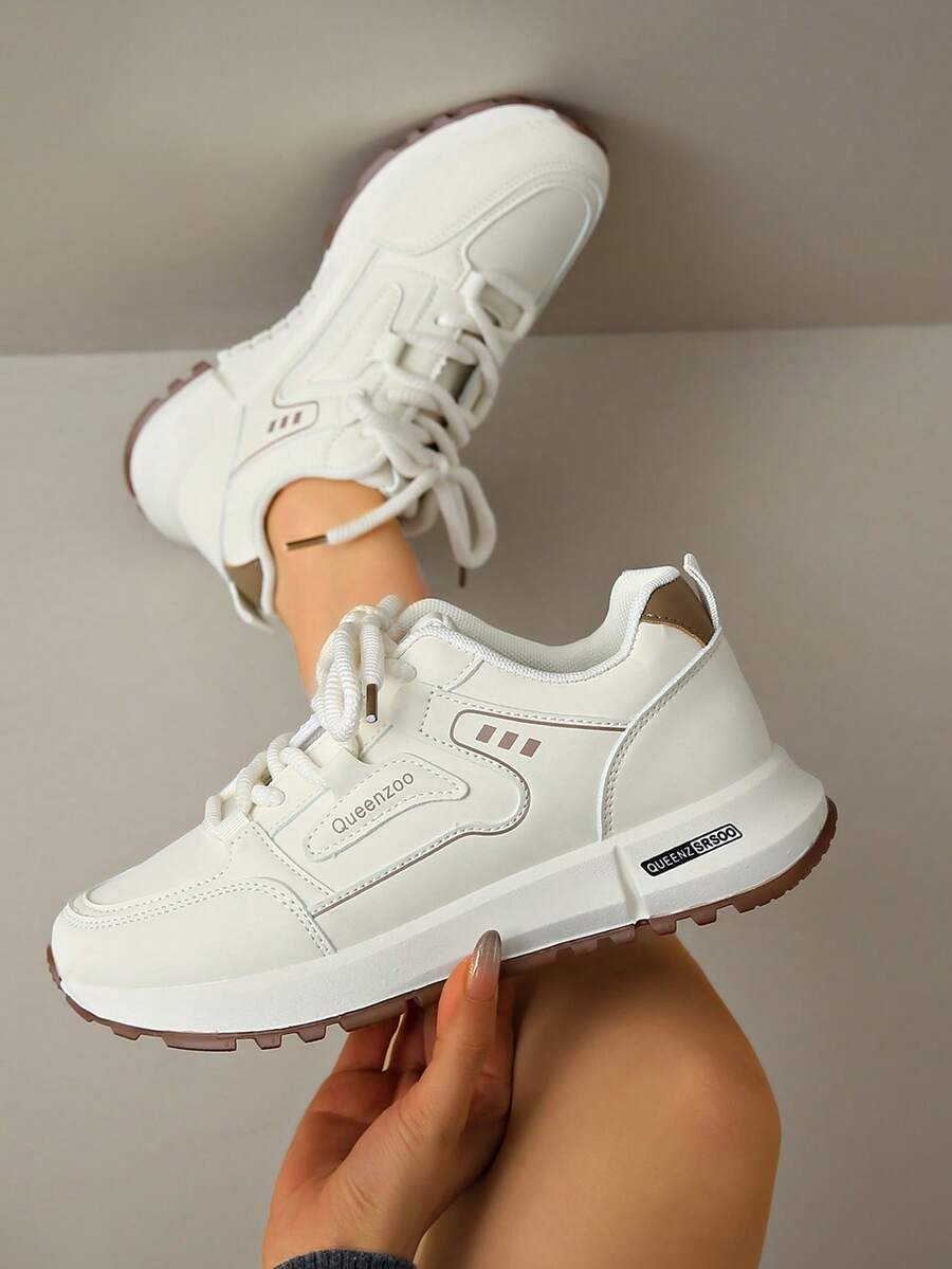 Novos Sapatos Casuais Femininos, Cabedal de Couro Bege, Design de Cadarço, Sola Plana, Adequado para Todas as Estações