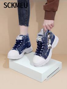 SCKMEU 1 par de zapatillas casuales con suela gruesa de denim para mujer, nuevas versátiles y cómodas zapatillas deportivas de caña alta para otoño 2025, adecuadas para faldas, senderismo, deportes, uso casual, zapatos planos de moda