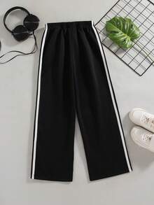 Boys' Casual Elastic Waist Pants With Woven Tape Patchwork Design, Spring/Autumn - Black - View 2