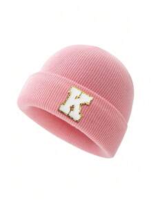 1 件儿童针织帽，带 26 个字母图案，保暖无檐小帽，适合女婴日常穿着 - 粉色 - 查看 79