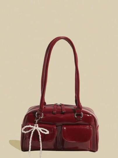 1 件 FEISTURE 纯色 PU 多口袋保龄球包，斜挎/腋下女包（带仿珍珠吊饰），适合购物、约会、女士礼物，适合少女、大学生、初学者和办公室职员，适合办公室、大学、工作、通勤，是送给她的完美情人节礼物，情人节最佳礼物选择，时尚女士蝴蝶结钱包