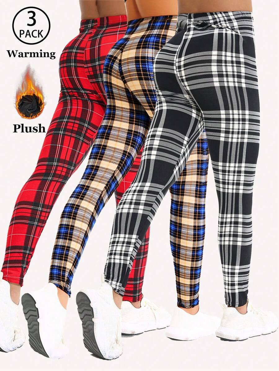 3 Packungen Damen Karomuster Fleece Leggings, lässige vielseitige elastische Skinny Hosen mit rotem Streifenmuster, geeignet für Training, Outdoor, Lässig Tragen, weich und bequem, Knöchellänge