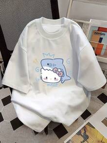SANRIO HELLO KITTY Women's Short-Sleeved Crew Neck Casual T-Shirt With HELLO KITTY Print. Made Of Pure Cotton. Machine Washable. Suitable For All Seasons. Summer Wear. Fun, Sexy, Avant-Garde And Personalized Design. Opaque Fabric. - 白色 - 查看 1