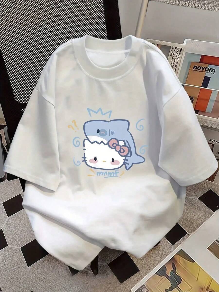 SANRIO HELLO KITTY Women's Short-Sleeved Crew Neck Casual T-Shirt With HELLO KITTY Print. Made Of Pure Cotton. Machine Washable. Suitable For All Seasons. Summer Wear. Fun, Sexy, Avant-Garde And Personalized Design. Opaque Fabric. - 白色 - 查看 1