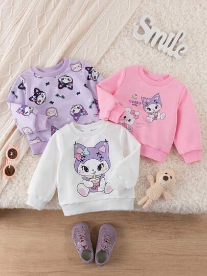 3 件套女婴休闲卡通印花紫色、粉色和白色圆领 T 恤套装，时尚百搭，适合春秋季节，适合上学、日常、通勤、户外和运动