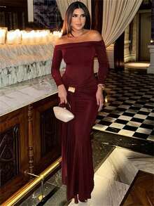 Herbstmode Rückenfreies langes Kleid Hohe Taille Schlank Falten Patchwork Einfarbig Off-Shoulder Partykleid Damen Bodycon Kleid