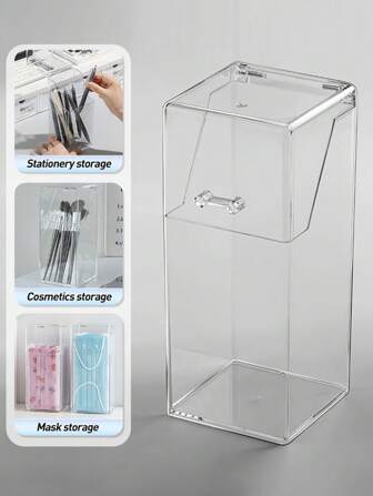 1pc Clear Acrylic Desktop Organizer With Lid - Lightweight Durable Stylish Storage Box For Makeup Brushes, Pens, Cosmetics | Home & Office Desk Organizing Essential