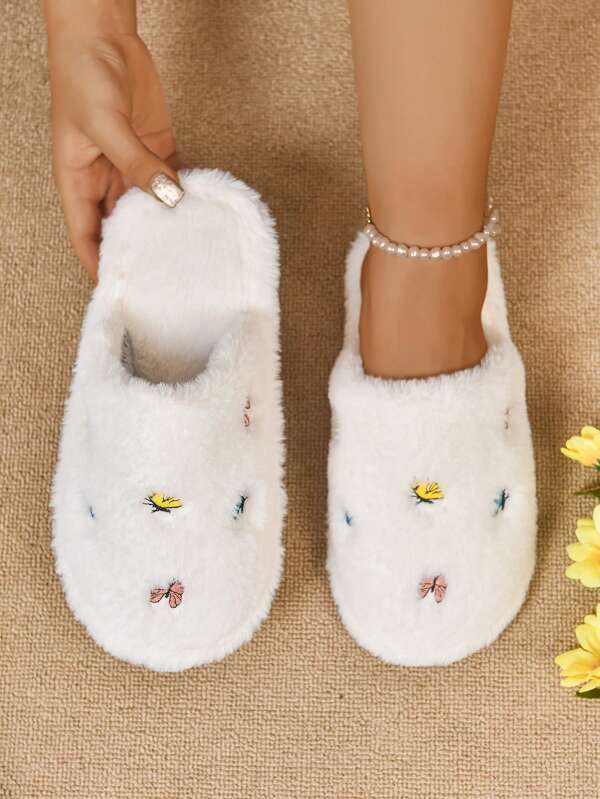 Women's Embroidered Slip-On Slippers, Fluffy Fashion Flat Indoor House Slippers, Solid Color Fuzzy Shoes. 2025 Autumn/Winter New Butterfly Embroidery Bedroom Slippers; Flat Room Shoes; Suitable For Mother's Day; Women's Day Ladies Slippers; Edged Soft Bottom Bedroom Slippers, Slip-On House Shoes, White