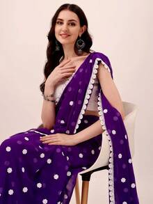 Estationeryhouse Women's Georgette Embroidery Border Work Designer Saree With Blouse Piece - Purple - View 2