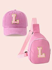 2pcs/Set Girls Pink Letter Graphic Baseball Cap And Bag, Boys Breathable Casual Outfit Suitable For Daily Wear And Outdoor Activities