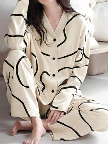 AICJ 两件套女士休闲睡衣，V领长袖上衣和长裤家居服套装，适合春、夏、秋季舒适穿着，秋冬皆宜。