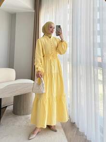 Women's Elegant Solid Color Button Waist Tie Knot Casual, Birthday Party, Formal Evening, Date Lantern Sleeve Hem Patchwork Dress, Autumn/Winter - Yellow - View 6